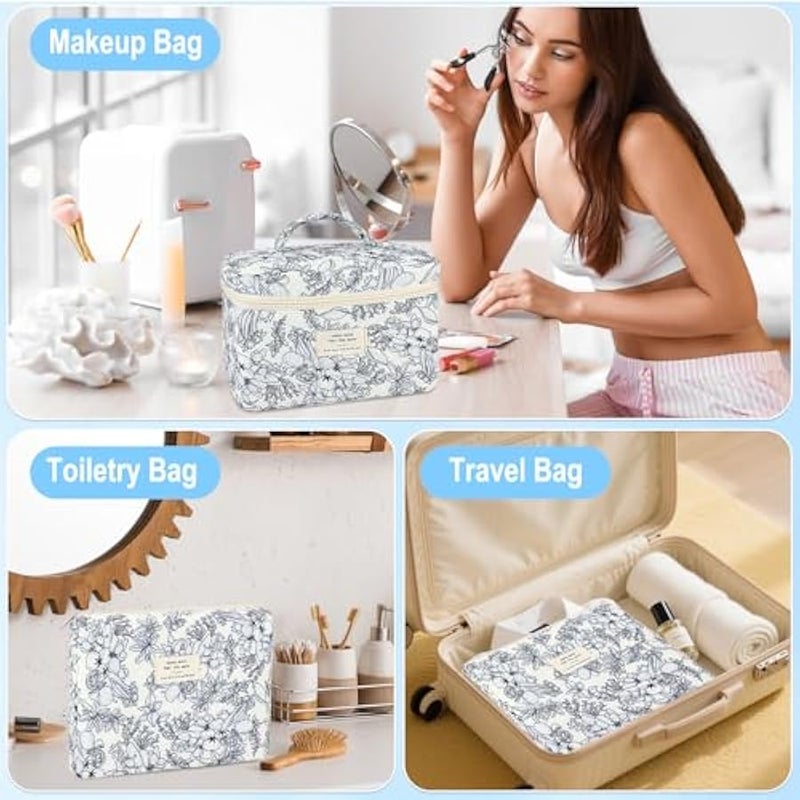 2Pcs Cotton Quilted Makeup Bag for Women Girls Floral Travel Large Small Cosmetic Bag Set Cute Vintage Flower Makeup Pouch Portable Toiletry Bag Organizer Coquette Aesthetic Makeup Brush Bag - Image 4